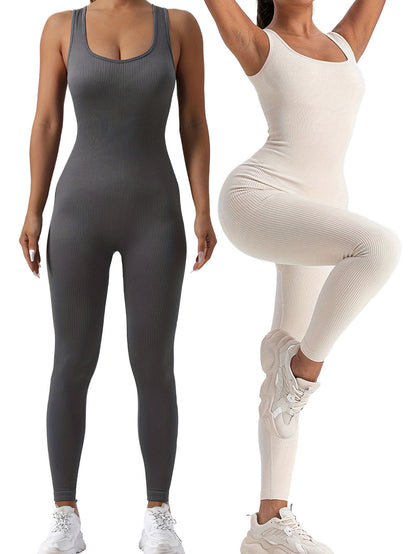 2 Pack Women's Ribbed Solid Color One-Piece Jumpsuit, Form-Fitting Sensual Activewear, Classic Sleeveless Full-Length Pants For Sport Casual Wear