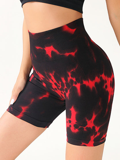 High Waist Tummy Control Yoga Shorts For Women, Tie-Dye Ruched Booty Lifting Workout Fitness Shorts, Hip Lifting Sports Activewear, Gym Exercise Running Shorts