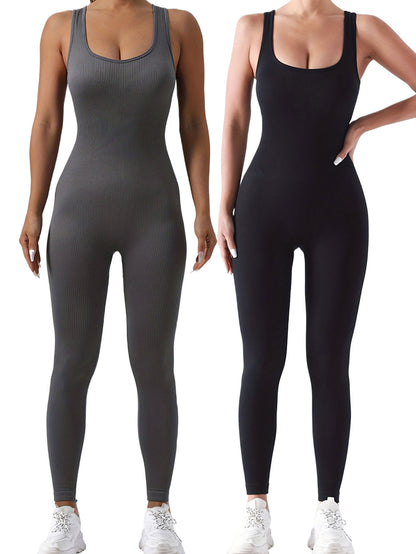 2 Pack Women's Ribbed Solid Color One-Piece Jumpsuit, Form-Fitting Sensual Activewear, Classic Sleeveless Full-Length Pants For Sport Casual Wear