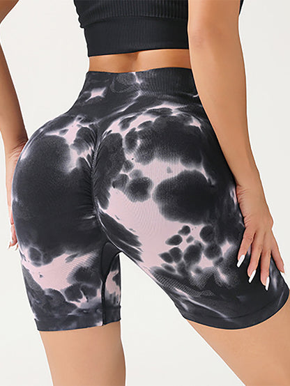 High Waist Tummy Control Yoga Shorts For Women, Tie-Dye Ruched Booty Lifting Workout Fitness Shorts, Hip Lifting Sports Activewear, Gym Exercise Running Shorts