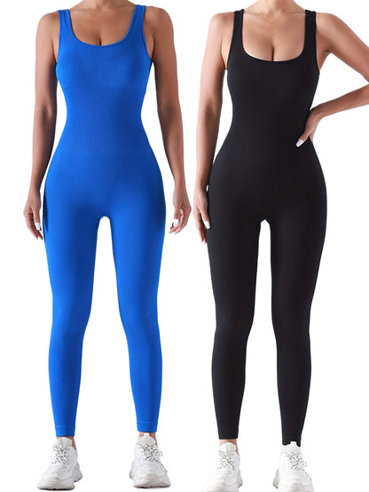 2 Pack Women's Ribbed Solid Color One-Piece Jumpsuit, Form-Fitting Sensual Activewear, Classic Sleeveless Full-Length Pants For Sport Casual Wear